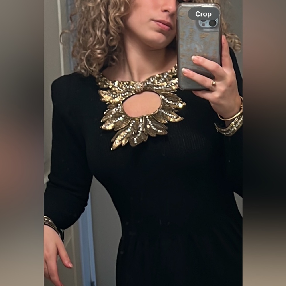 Lillie Rubin wool blend Black vintage‎ dress with gold sequin collar